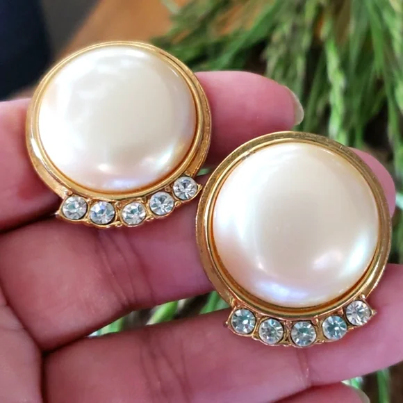 Authentic Vtg YSL Yves Saint Laurent Mabe' Pearl Rhinestone Cabochon Earrings